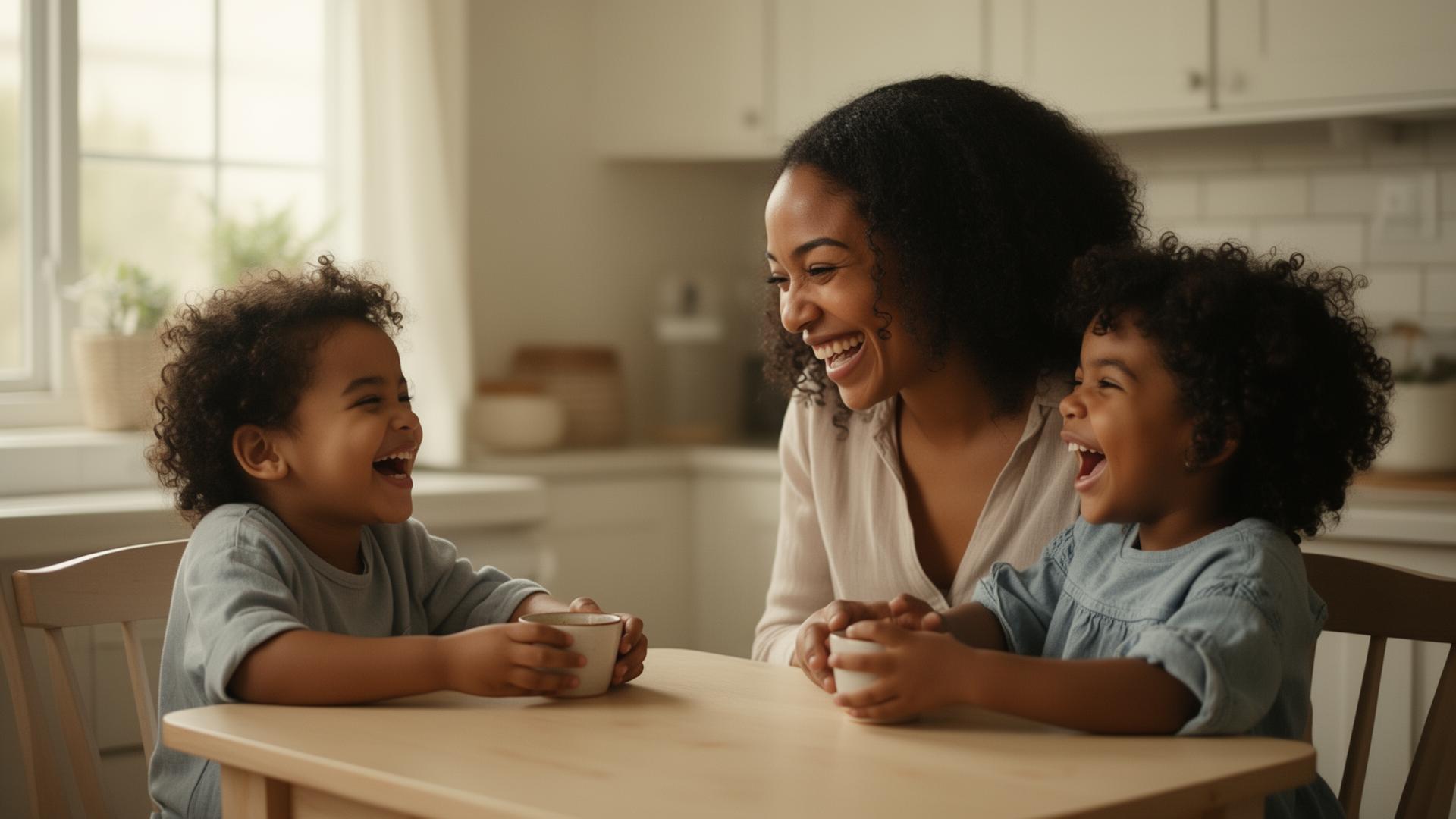 A mother and her two young children laughing together at a kitchen table