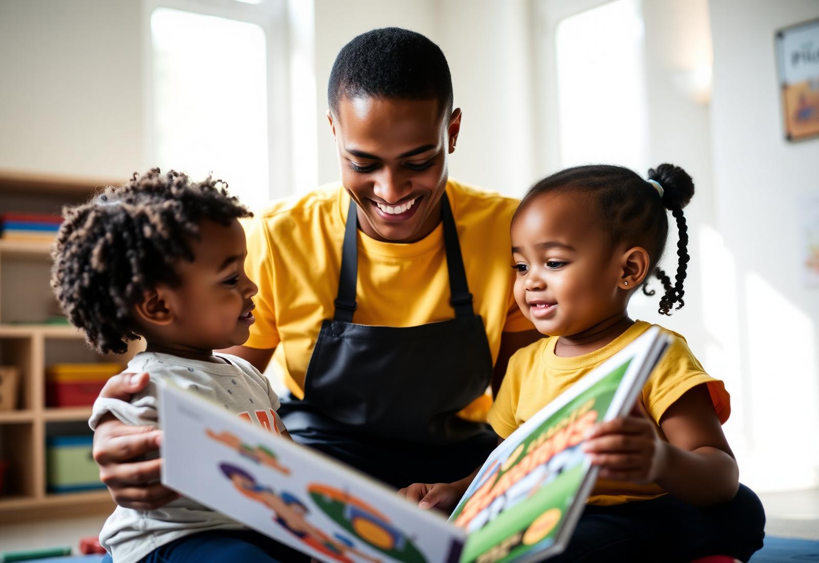 A volunteer reading a picture book with two young children